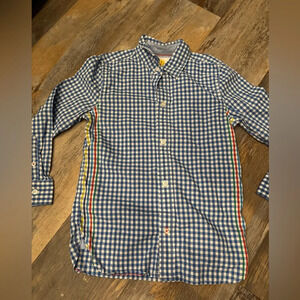 Boden Boys Mini Checkered Blue Button Shirt Gingham Colorful Stripes Size 7-8